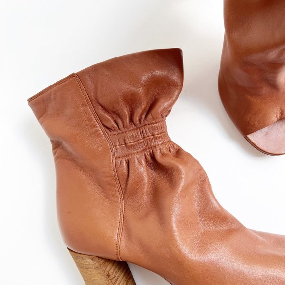 Chloe | Cognac Leather Peep Toe Cinched Ankle Boots | 38.5/8.5 - Picture 2 of 14
